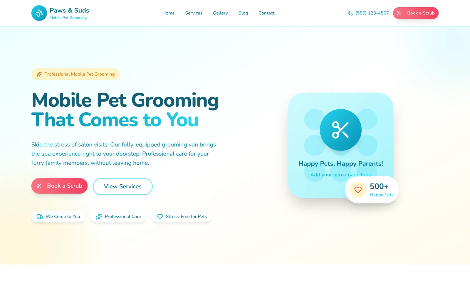 Screenshot of the Paws & Suds concept site